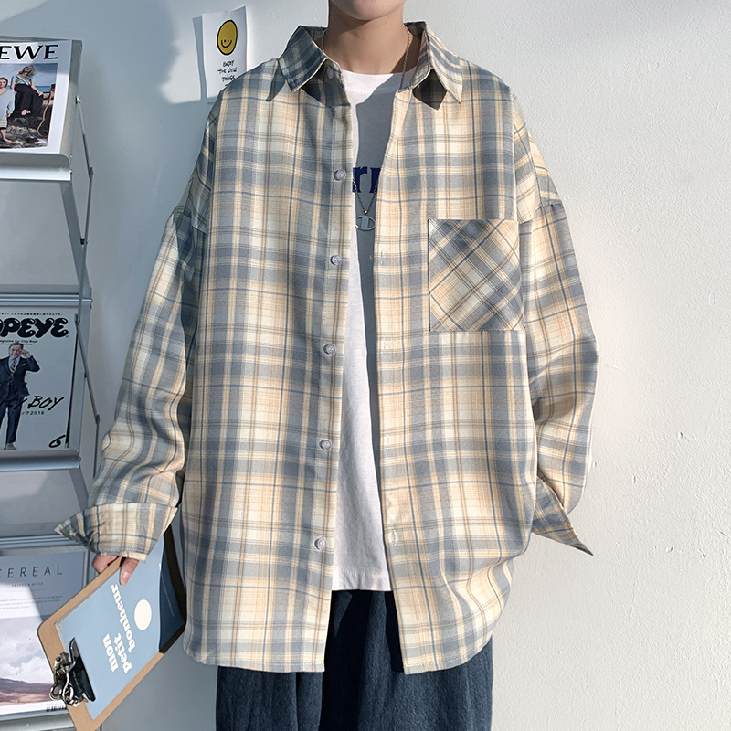 格子衬衫男士长袖春季高级感重磅寸衫衬衣美式复古潮ins上衣外套