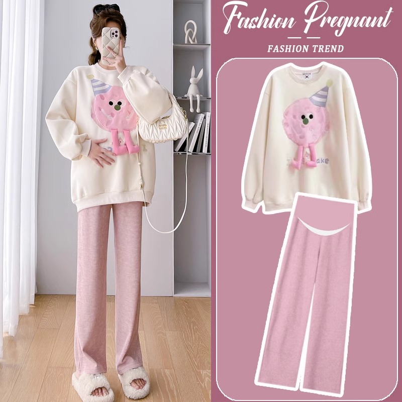 孕妇春秋款套装中长款卫衣上衣裤子加绒加厚两件套2025新款秋冬季