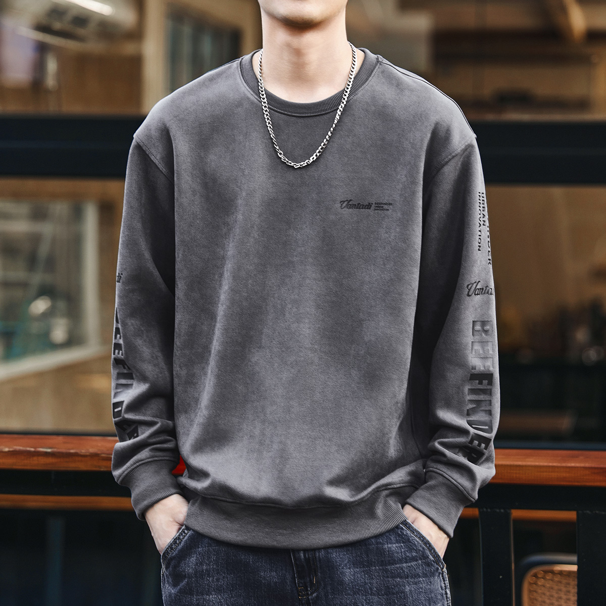 格蓝鹿高端软糯麂皮绒长袖卫衣男秋季潮牌宽松大码加绒无帽上衣男