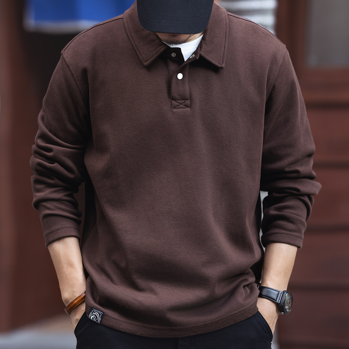 格蓝鹿250g重磅珠地棉简约POLO衫男春秋美式复古简约宽松长袖T恤