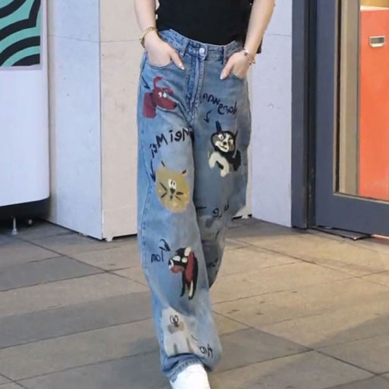 美式涂鸦印花牛仔裤女春秋设计感小众时尚高腰宽松显瘦直筒阔腿裤