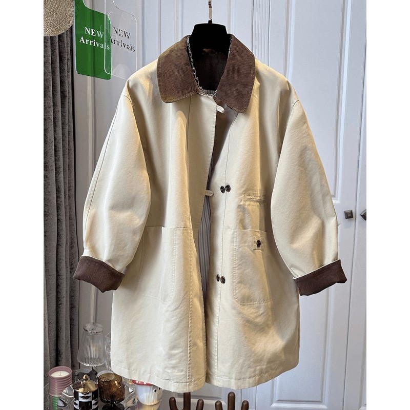 加棉加厚英伦风撞色翻领中长款风衣女外套宽松气质2024秋冬新款