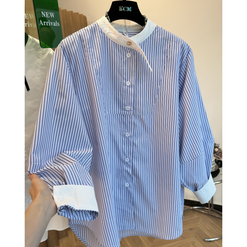 法式设计感蓝色条纹衬衫女2024夏季新款宽松长袖衬衣漂亮独特上衣