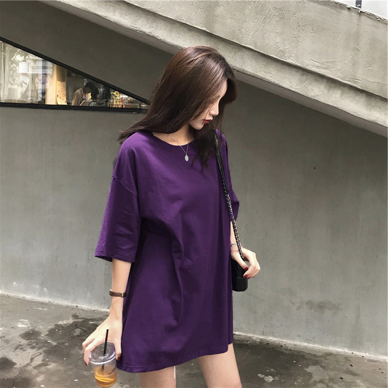 紫色短袖长款高档宽松大码时尚t恤女2025年新款欧货大版纯色上衣
