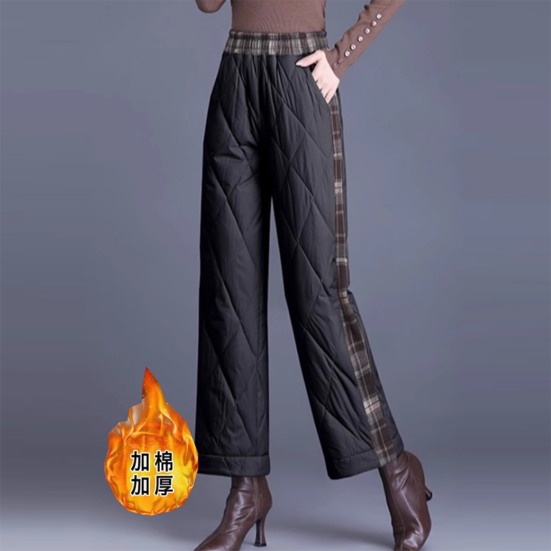 高腰显瘦加厚保暖棉裤毛呢格纹拼接阔腿裤女士冬季保暖夹棉长裤