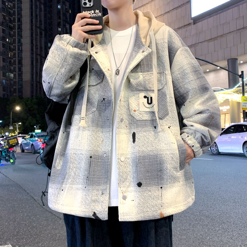 春秋季格子学生外套青少年2025连帽港风潮流新款帅气宽松休闲夹克