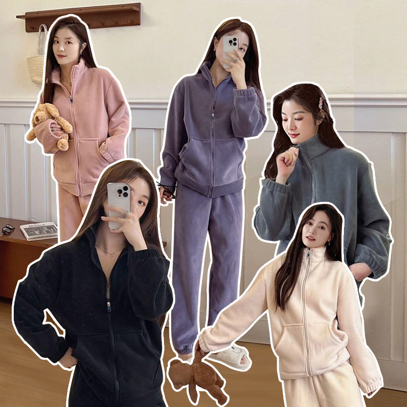 冬季新款加厚睡衣女海豚绒纯色休闲套装奥粒绒加绒保暖拉链家居服