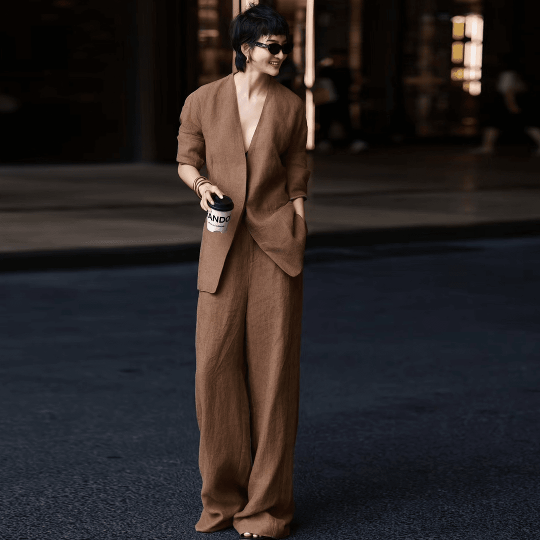 高端轻奢时尚套装女极简气质秋季老钱风亚麻宽松西装阔腿裤两件套