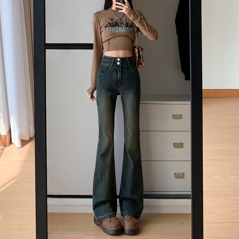 水泥灰高腰显瘦喇叭牛仔裤女2025秋冬加绒弹力小个子修身微喇叭裤