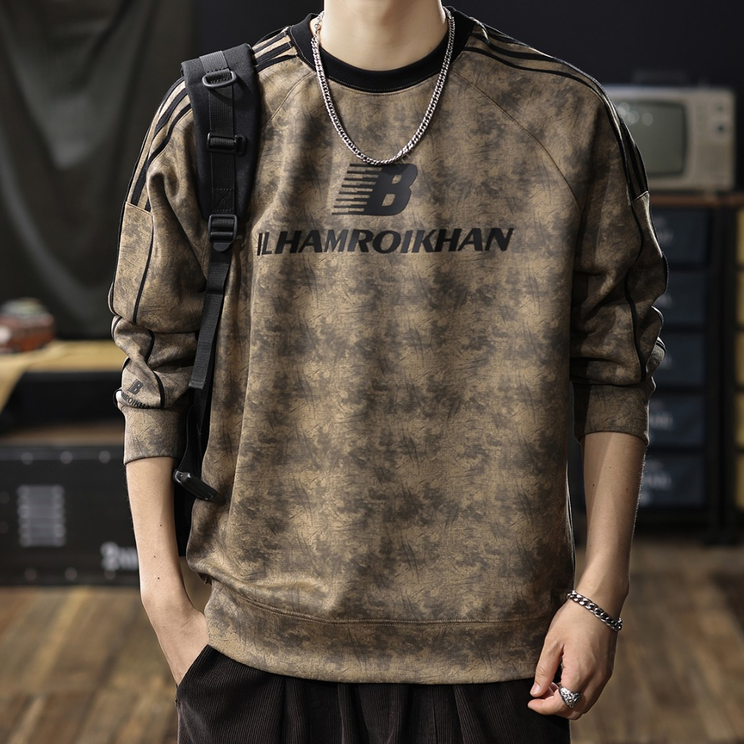 重磅麂皮绒扎染圆领卫衣男秋冬新款美式复古宽松大码长袖加绒上衣