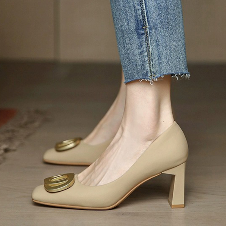 气质卡其色粗跟方头单鞋女2025年秋季新款法式软皮浅口两穿高跟鞋