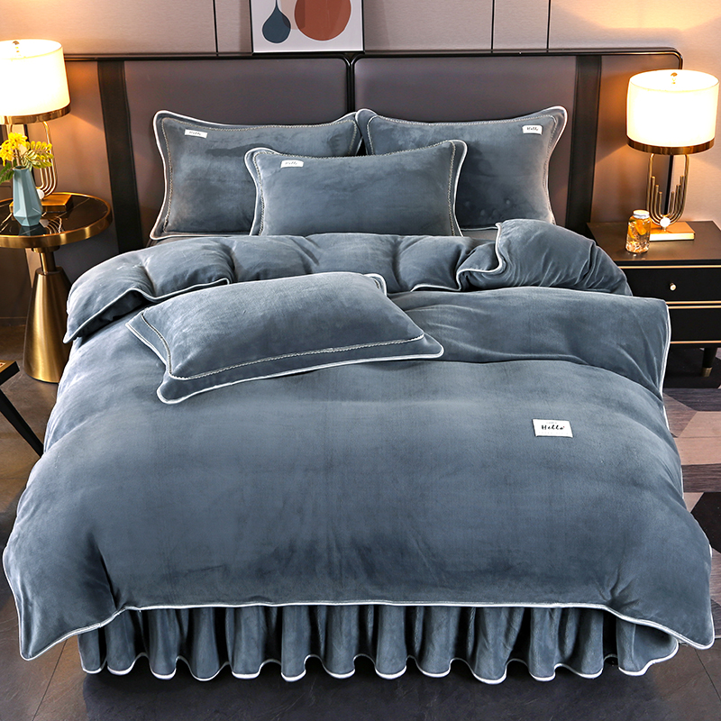 新款冬季纯色加厚保暖8-9斤牛奶绒四件套床裙款双面绒被罩被套