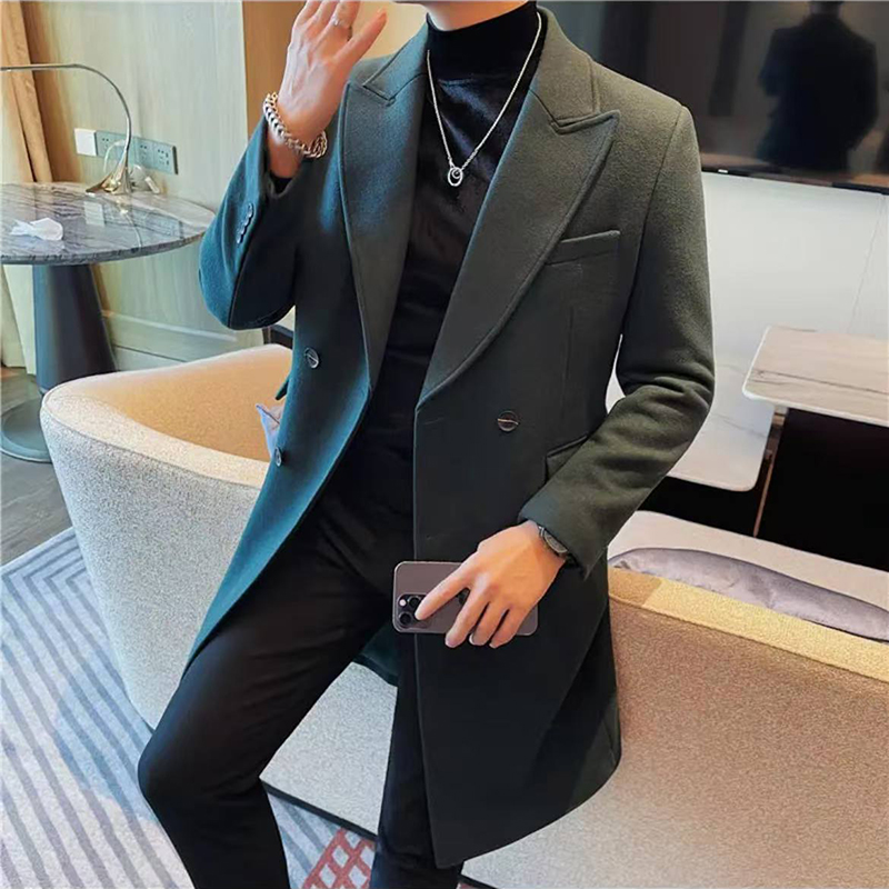 爆款冬季羊毛毛呢大衣男中长款痞帅扣厚款羊毛毛呢风衣外套男男士