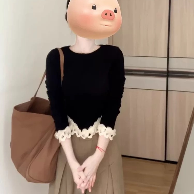 高级感黑色长袖t恤内搭打底衫女秋冬2024新款设计感小众短款上衣