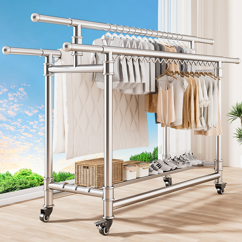 特粗不锈钢防锈三杆式晾衣架可伸缩落地晾衣杆晒被子挂衣架晾衣服