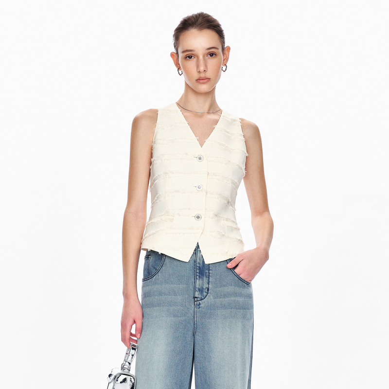 Marllen白露飞花小香风立体剪花流苏显瘦修身小香风流苏v领马甲