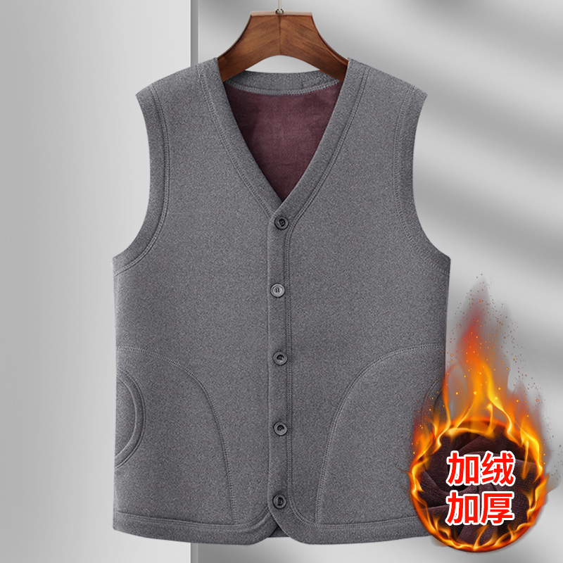 爸爸装加绒加厚背心男中老年人无袖坎肩马甲秋冬保暖内穿开衫衣服