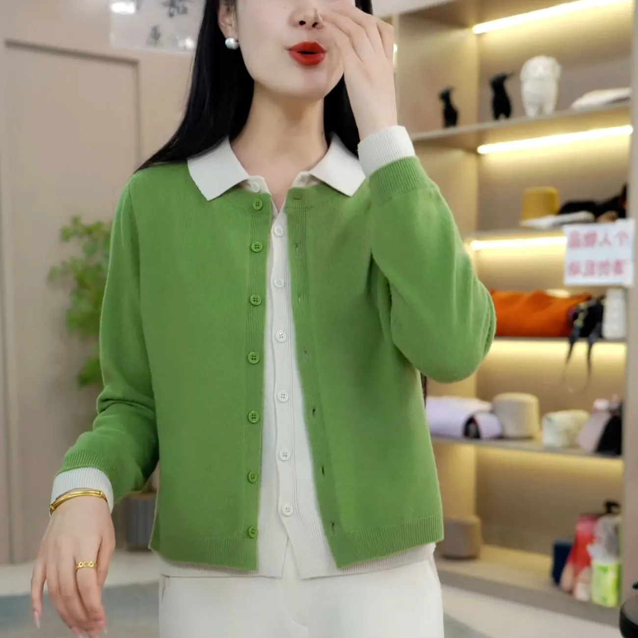 春秋新款假两件翻领针织开衫女装长袖衫宽松早秋拼色毛衣外套