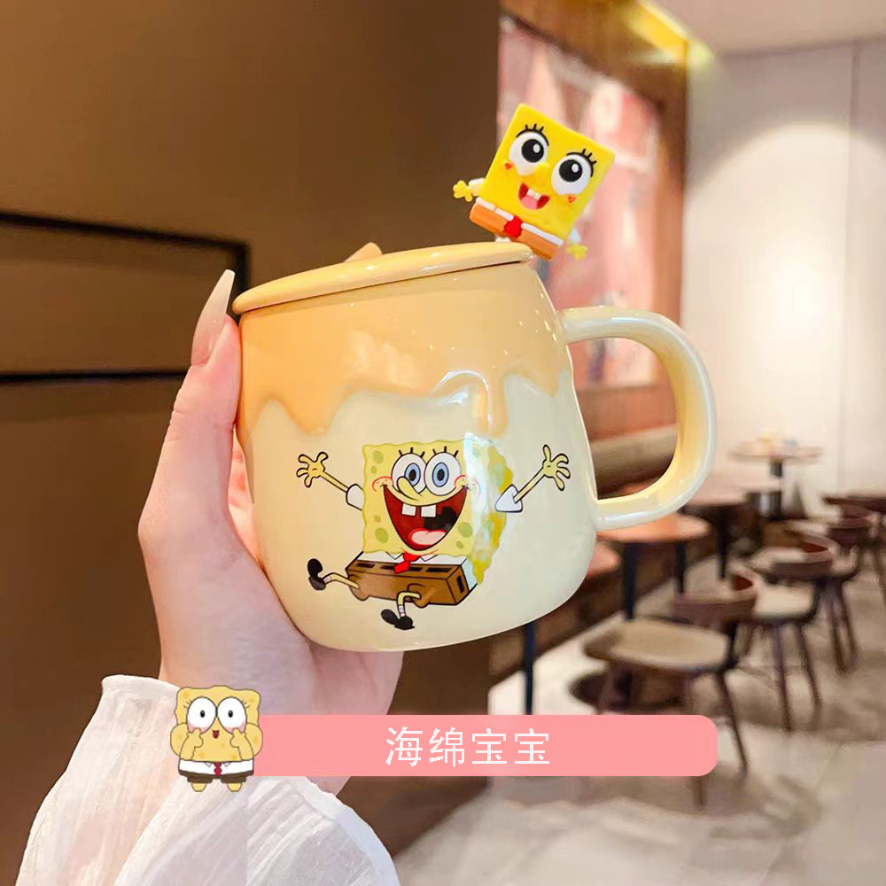 海绵宝宝联名款陶瓷杯子带盖勺家用儿童水杯马克杯可爱女生蜂蜜杯
