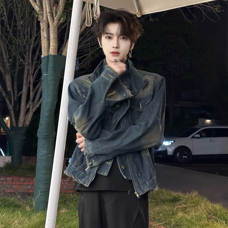 美式短款牛仔外套男款高级感痞帅vintage夹克小众垫肩牛仔衣褂子