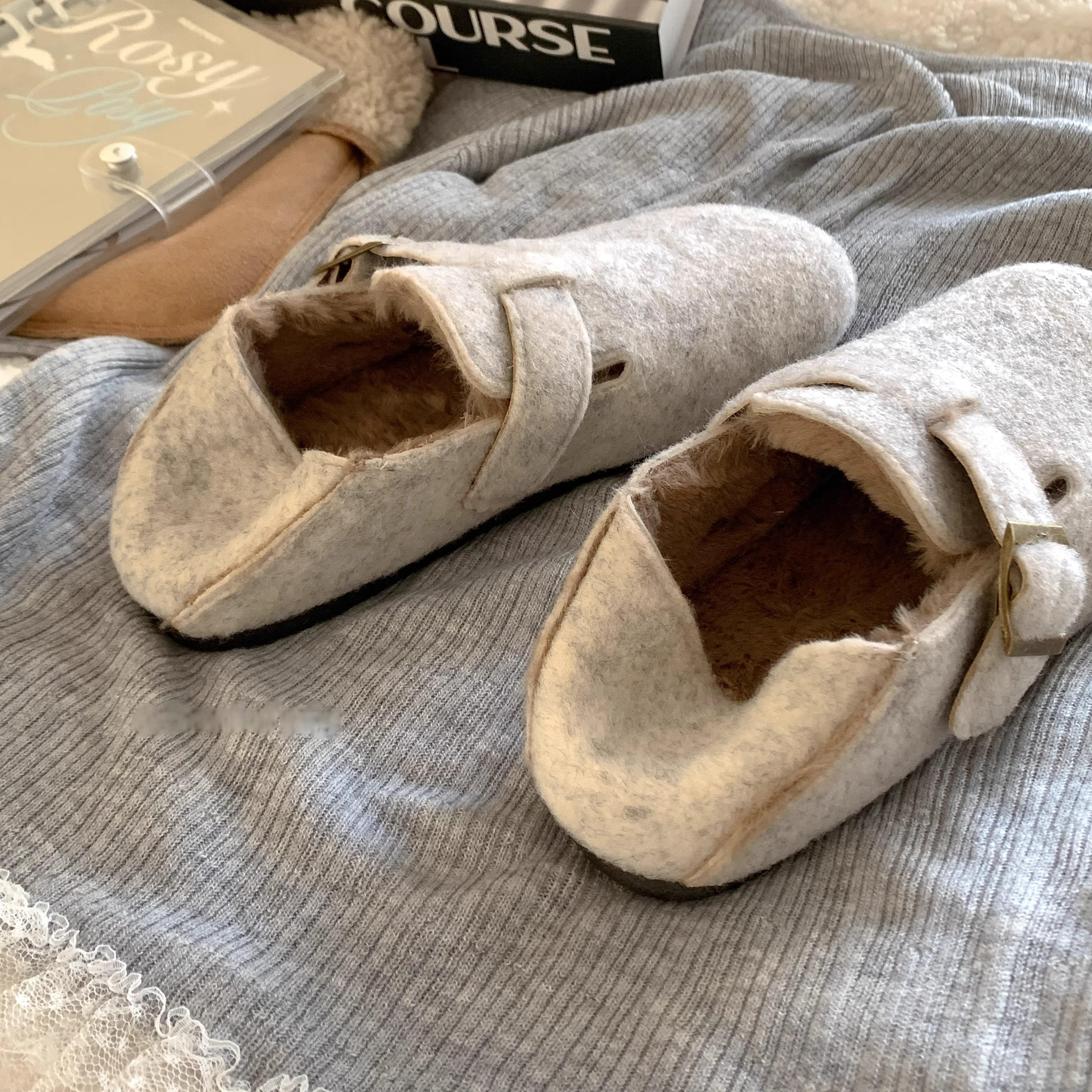 保暖又好看@~毛毛鞋加绒 | 秋冬毛呢棉鞋包头半拖外穿平底勃肯鞋