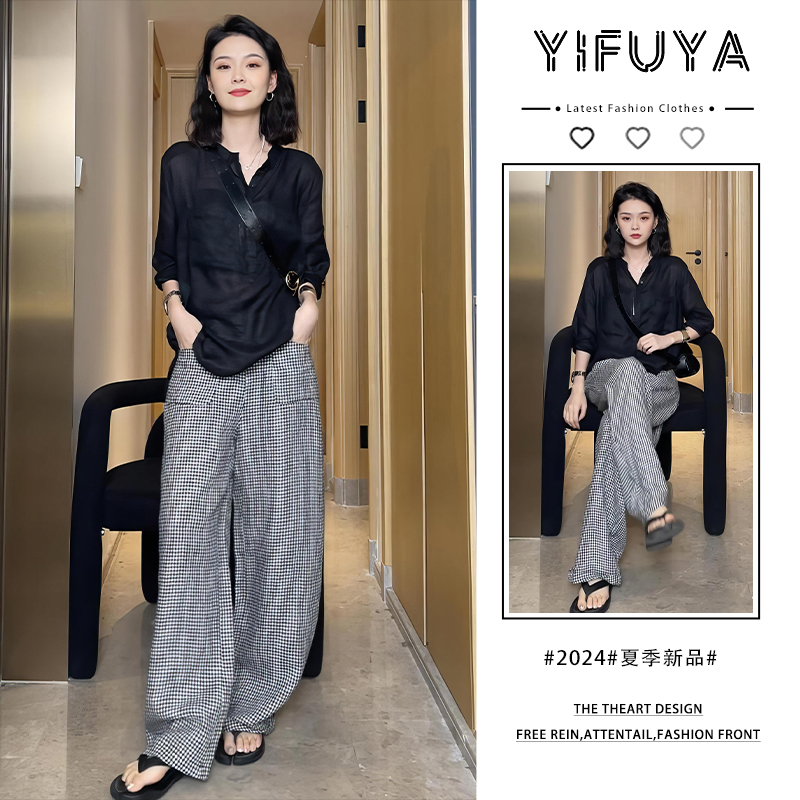 加宽加大女装2025年夏季时尚高级感格子裤黑色衬衫显瘦减龄两件套