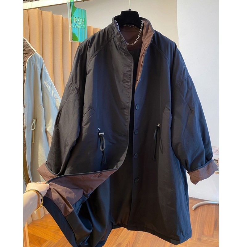 新款韩版高端洋气欧货立领轻薄棉服女冬季中长款宽松夹棉风衣大衣