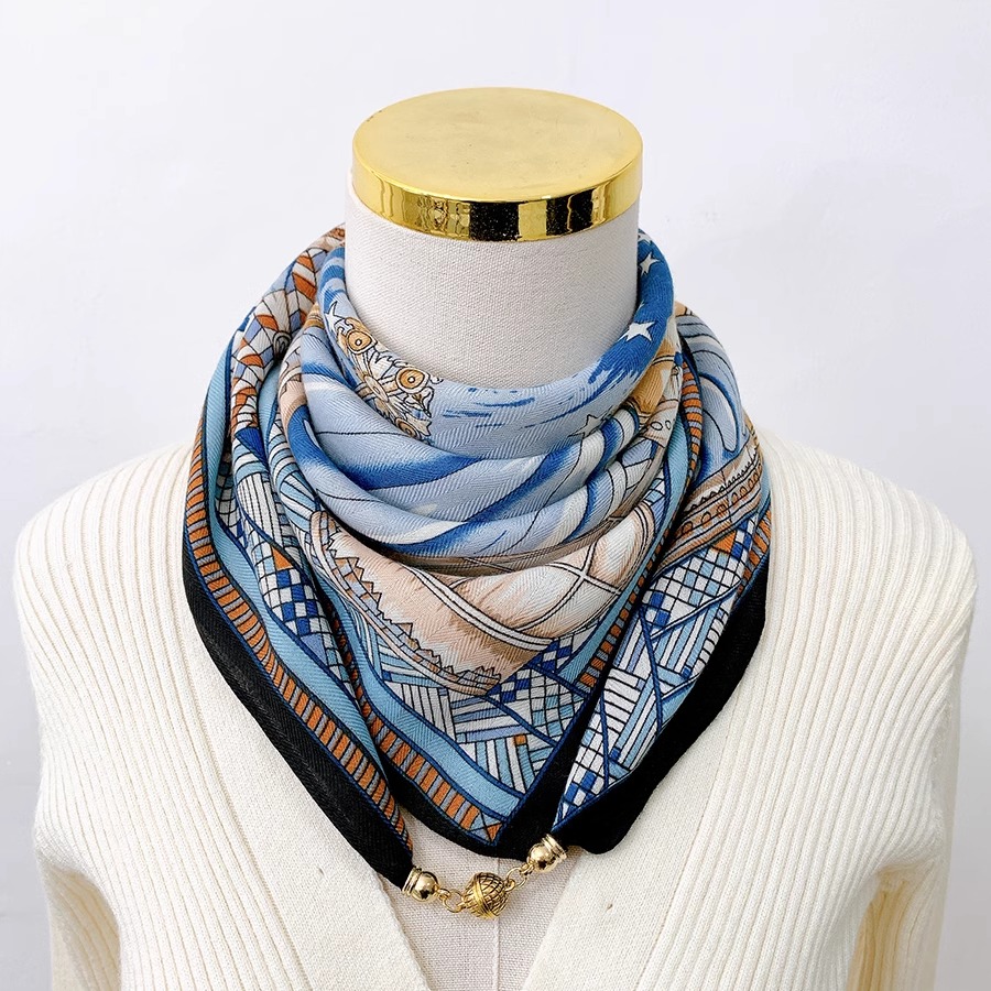 仿棉麻磁吸扣方巾小丝巾女多功能韩剧百搭高级感护颈领巾懒人围巾