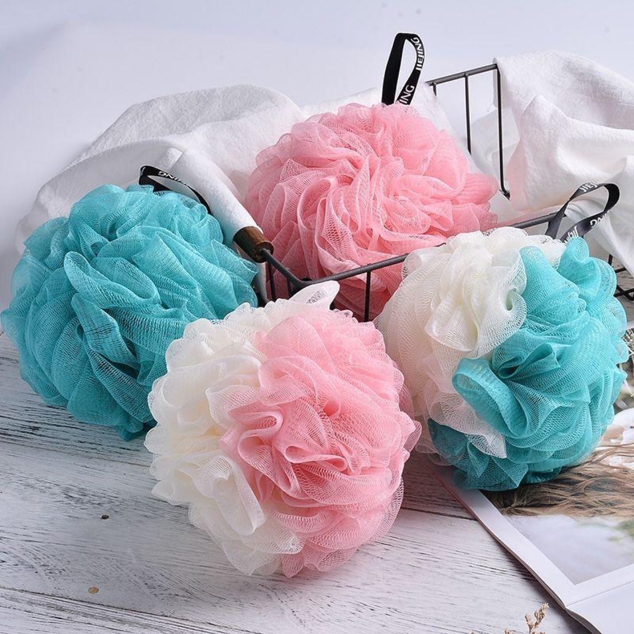 双色沐浴球柔软拼色沐浴球洗澡用品浴花浴球洗浴球沐浴花搓澡沐浴