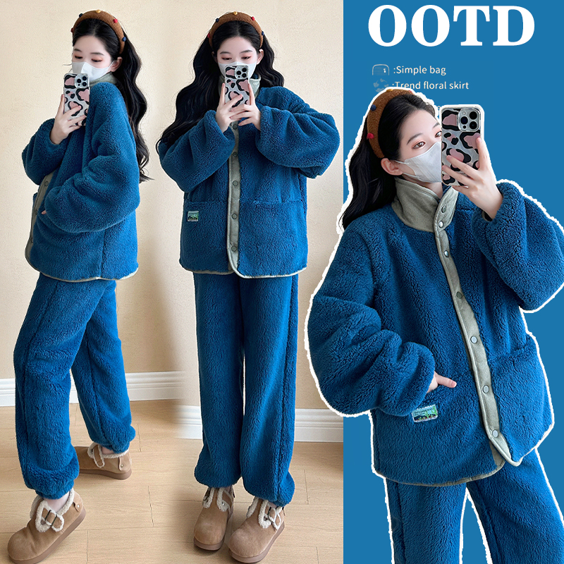 大码孕妇套装秋冬季加绒加厚睡衣外套外穿显瘦保暖家居服女200斤