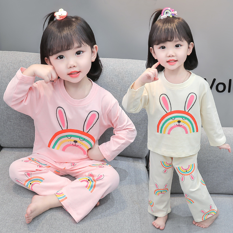 女童春秋纯棉睡衣儿童长袖家居服儿童两件套新款彩虹兔分体套装潮