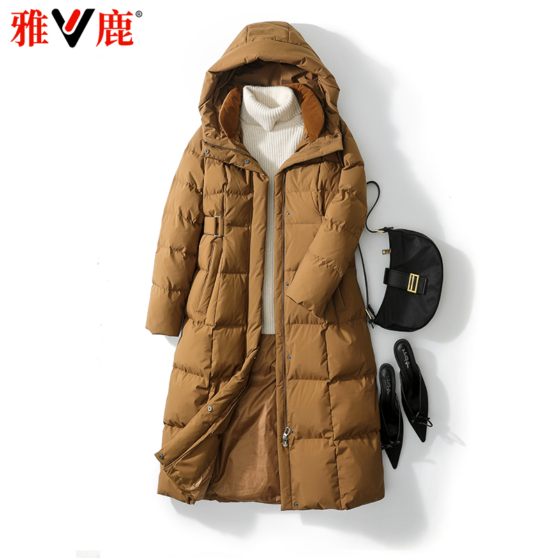 雅鹿2025年新款羽绒服女长款连帽韩版纯色百搭保暖时尚显瘦外套冬