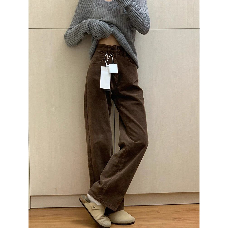 咖色灯芯绒阔腿裤女2025秋冬新款高腰复古休闲高个子拖地直筒裤