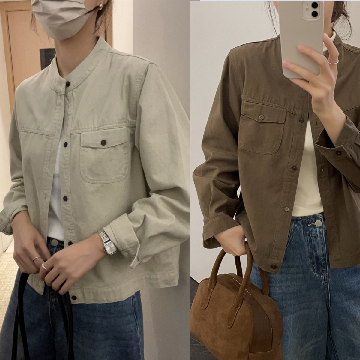 「100%棉小立领外套」成衣水洗斜纹棉洋气春秋韩版休闲工装夹克S001