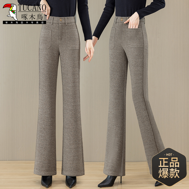 啄木鸟羊毛呢微喇裤女2025秋冬季新款加绒裤子女款爆款2025新款