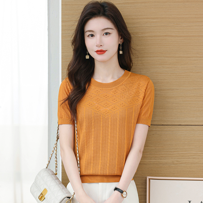 小个子轻奢高端薄款针织衫高档短袖女上衣洋气减龄潮款T恤妈妈装