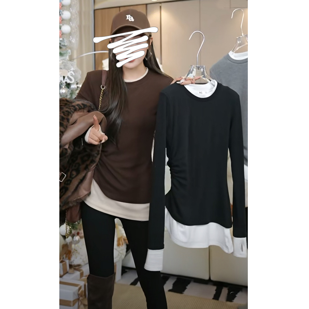 假两件拼色磨毛打底衫女秋冬季新款褶皱收腰显瘦内搭长袖T恤上衣