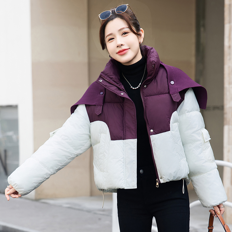 2024新款撞色拼色小个子洋气棉袄棉服女短款加厚披肩显瘦面包服潮