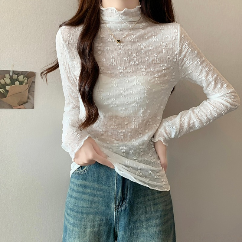 木耳边半高领打底衫女秋冬高级感蕾丝外穿配大衣穿的长袖T恤上衣