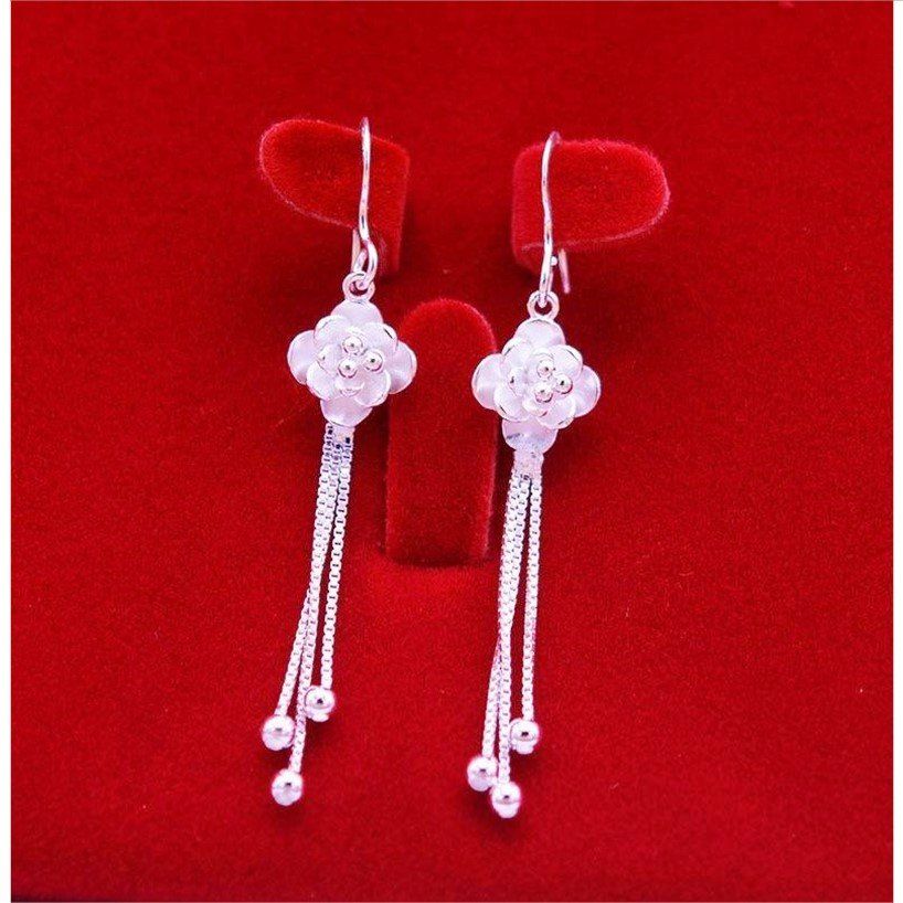 足银耳饰 银勾耳环990玫瑰花耳饰长款气质过敏流苏女纯银耳坠防韩