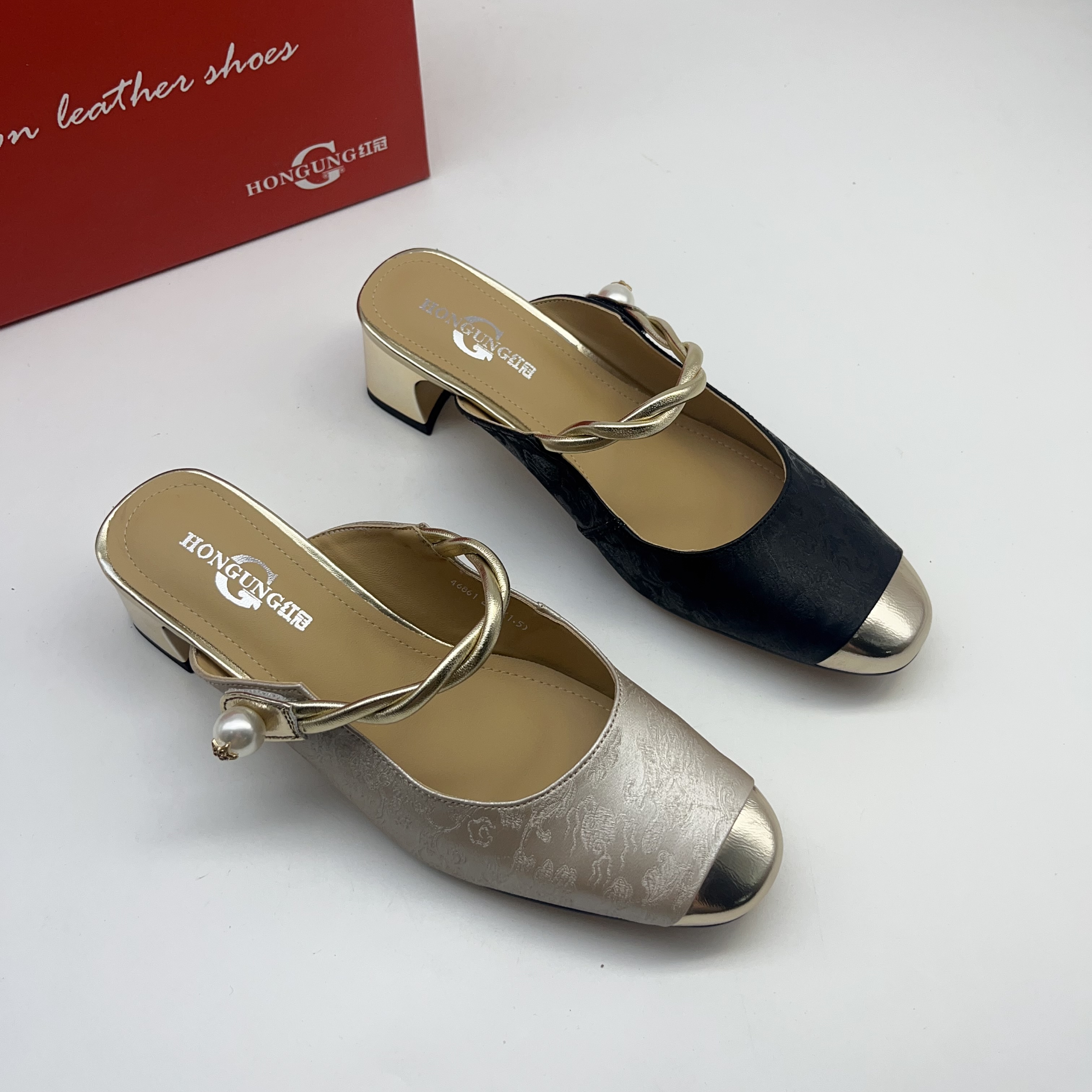 红冠皮鞋国风新中式包头女拖46861时尚百搭低跟