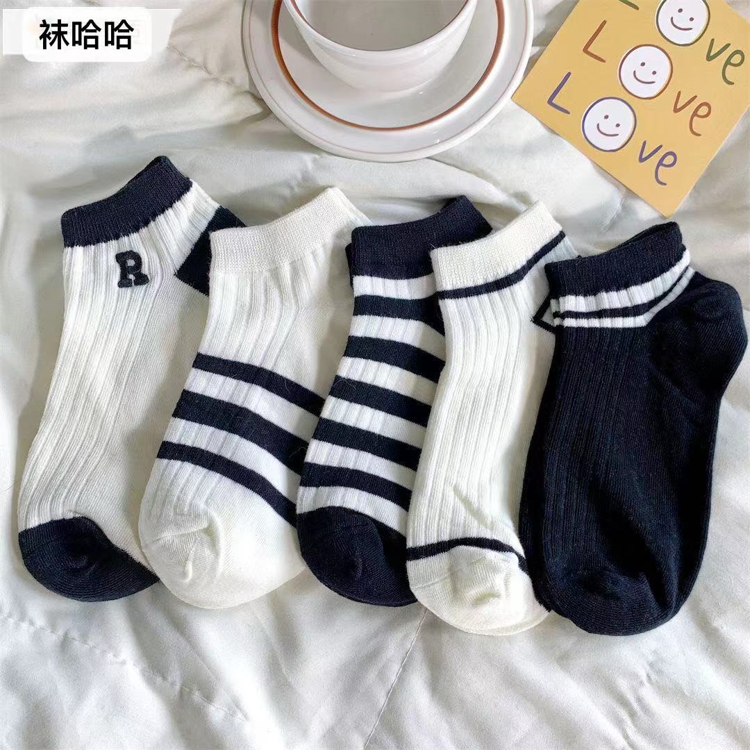 （咔袜伊）3+2到手5双R字母刺绣款黑白条纹短袜女ins潮流百搭船袜