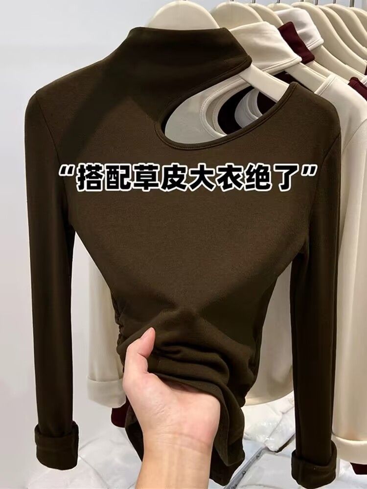 设计感镂空半高领德绒长袖T恤打底衫女秋冬修身显瘦大码内搭上衣