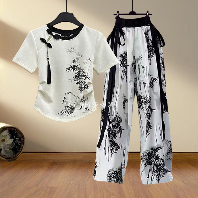 新中式女装穿搭一整套2025新款改良汉服短袖上衣国风休闲裤两件套