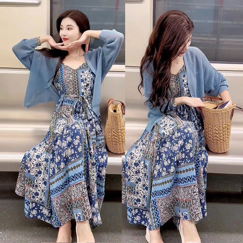 夏季新款穿搭一整套洋气针织开衫上衣配波米西亚碎花吊带裙两件套