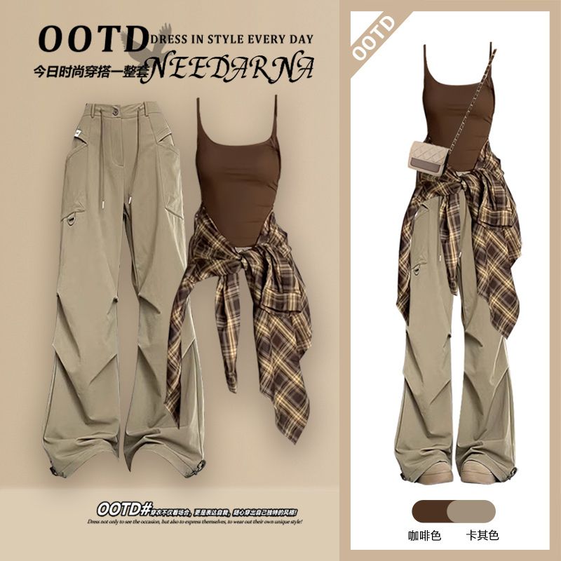 秋季穿搭一整套2025新款韩系女装格子衬衫配吊带时尚工装裤三件套