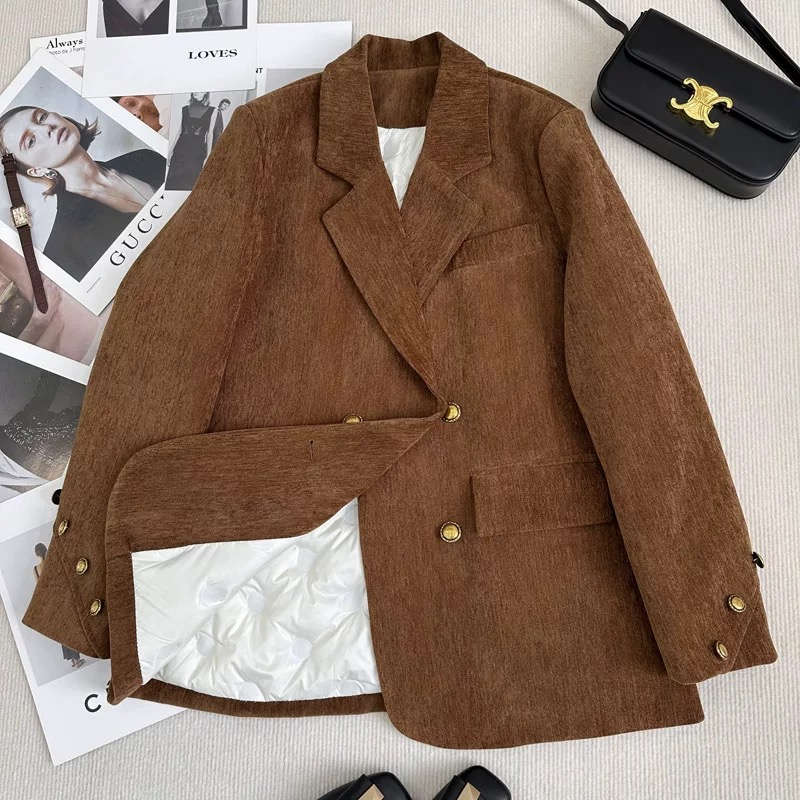 冬季新款气质加厚保暖中长款西装女休闲高级感黑色休闲显瘦外套