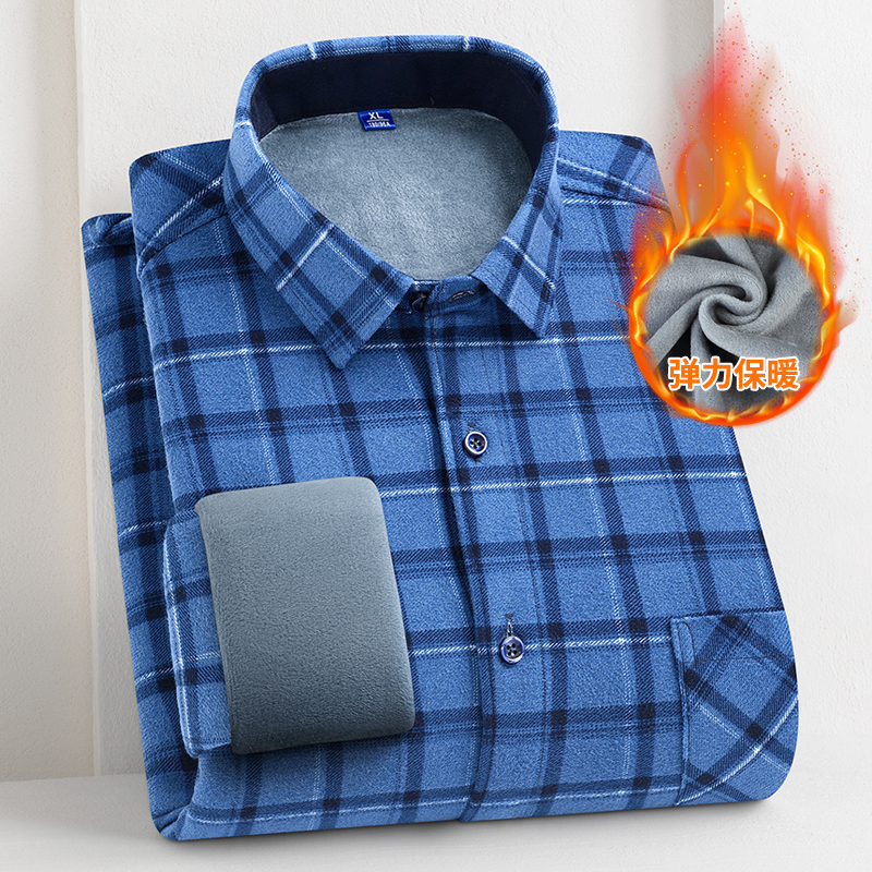 弹力冬季男士长袖保暖衬衫双面绒加绒加厚格子衬衣男时尚休闲上衣