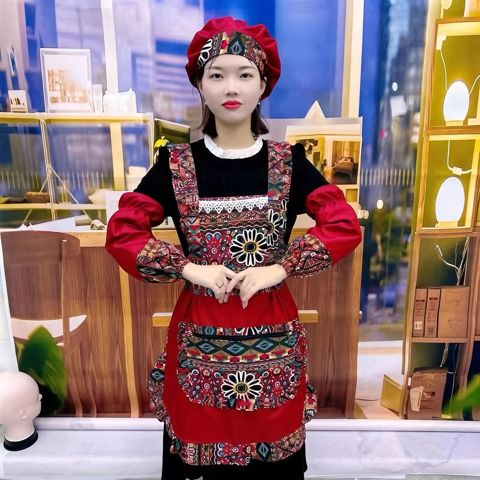 新款中国风家用碎花防水防污三件套围裙时尚复古商用工作服定制