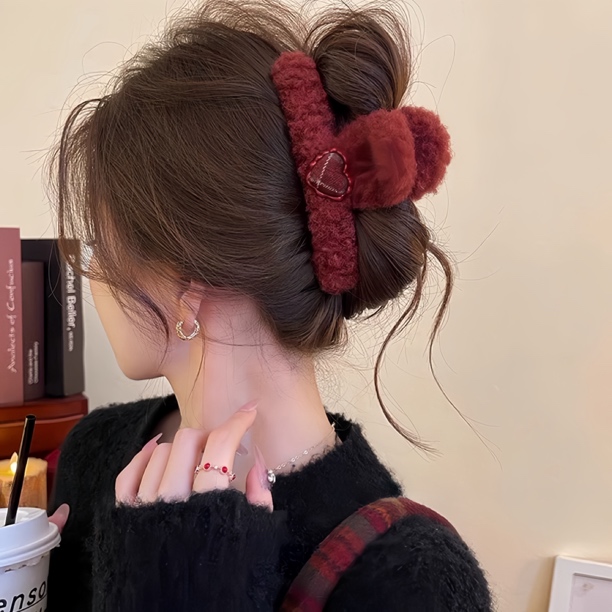爱心格纹羊羔毛抓夹大号鲨鱼夹发夹发卡女后脑勺新款秋冬夹子发饰